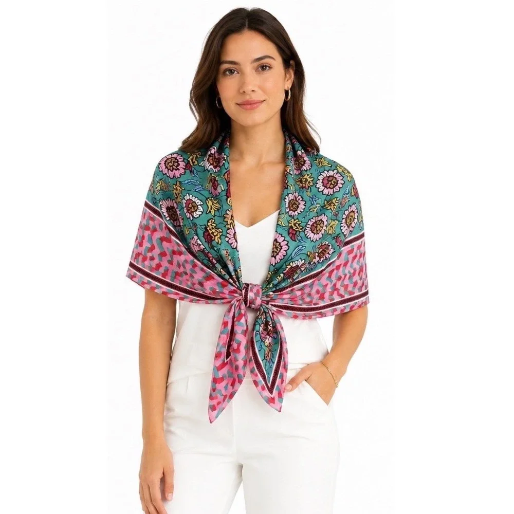 Zara Floral Geometric Square Scarf Pink Teal Green Silk Feel Neckerchief 26x28.5